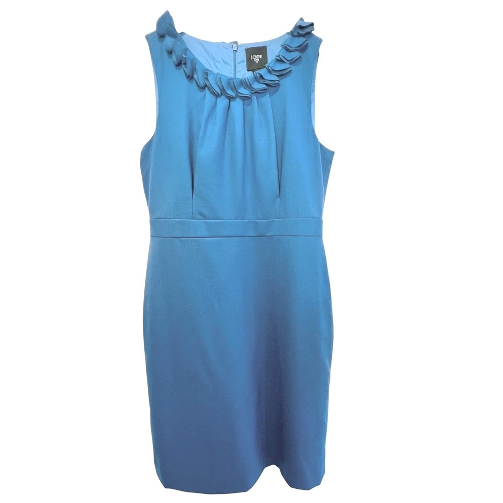 J.Crew Ruffle Neck Sheath Dress Sleeveless Wool Blend Workwear Blue‎ Womens 12